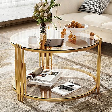 GOODSILO Modern Asymmetrical Coffee Table with Circular Metal Drum Base and Lower Shelf