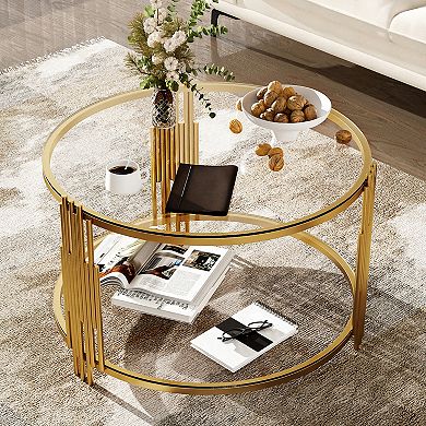 GOODSILO Modern Asymmetrical Coffee Table with Circular Metal Drum Base and Lower Shelf