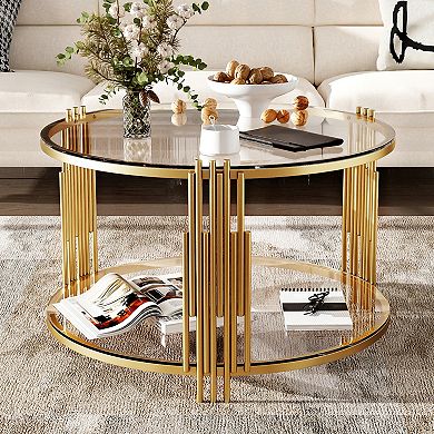 GOODSILO Modern Asymmetrical Coffee Table with Circular Metal Drum Base and Lower Shelf