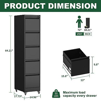 GOODSILO 5-Drawer Vertical File Cabinet with Locking Wheels and Anti-Tilt Safety Mechanism