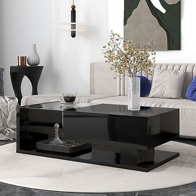 GOODSILO Modern Rectangle Coffee Table with Tempered Glass Top and Storage Drawer
