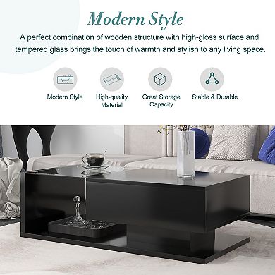 GOODSILO Modern Rectangle Coffee Table with Tempered Glass Top and Storage Drawer