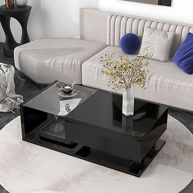 GOODSILO Modern Rectangle Coffee Table with Tempered Glass Top and Storage Drawer