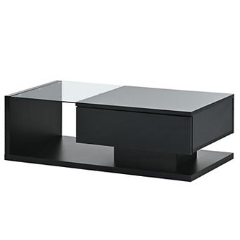 GOODSILO Modern Rectangle Coffee Table with Tempered Glass Top and Storage Drawer