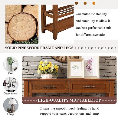 GOODSILO Mid-Century Style Solid Wood Console Table with Storage Drawers and Shelves