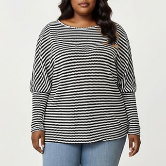 Women's Plus Size Striped Knit Long Sleeve Pullover Top with Drop Shoulder Fit and Soft Fabric
