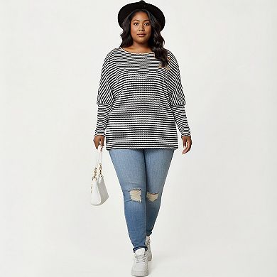 Women's Plus Size Striped Knit Long Sleeve Pullover Top with Drop Shoulder Fit and Soft Fabric