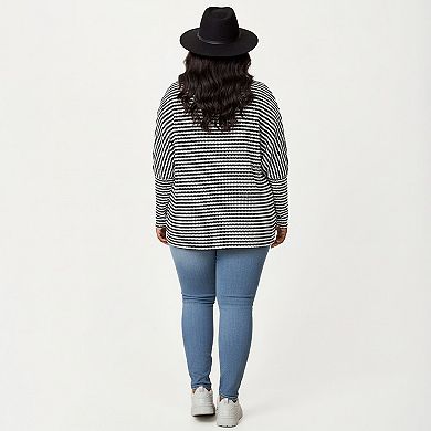 Women's Plus Size Striped Knit Long Sleeve Pullover Top with Drop Shoulder Fit and Soft Fabric