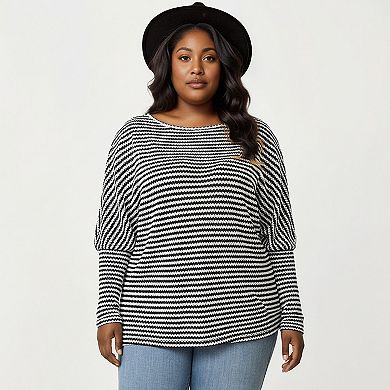 Women's Plus Size Striped Knit Long Sleeve Pullover Top with Drop Shoulder Fit and Soft Fabric