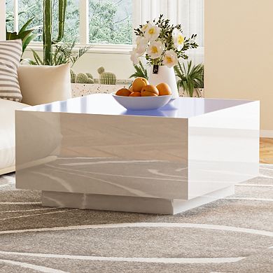 GOODSILO Modern Square High Gloss Coffee Table with Multicolor LED Lighting and Frosted Glass Top