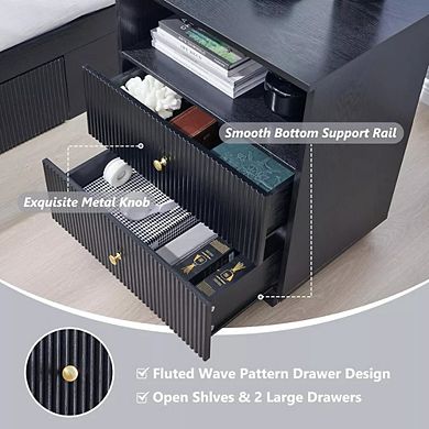 Modern 3-Drawer Nightstand with Charging Station, Fluted Wood Bedside Table for Bedroom Living Room