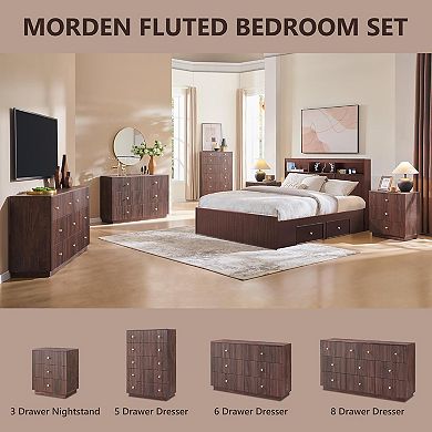 Modern 3-Drawer Nightstand with Charging Station, Fluted Wood Bedside Table for Bedroom Living Room