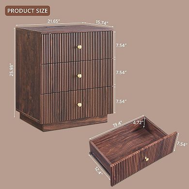Modern 3-Drawer Nightstand with Charging Station, Fluted Wood Bedside Table for Bedroom Living Room