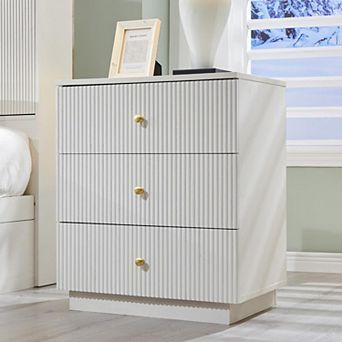 Modern 3-Drawer Nightstand with Charging Station, Fluted Wood Bedside Table for Bedroom Living Room