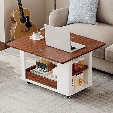 GOODSILO Modern Multi-Function Coffee Table with Foldable Top, Storage Tiers and Casters