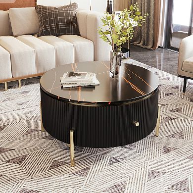 GOODSILO Modern Round Coffee Table with Two Spacious Drawers for Living Room Storage