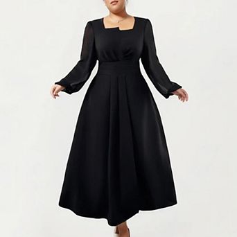 Women's Plus Size Long Sleeve Midi Dress with Pleated Waist Detail and Flowy A Line Silhouette