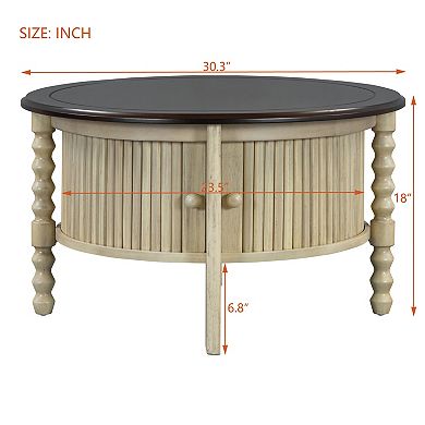 GOODSILO Vintage Round Coffee Table with Sliding Door Storage for Living Room