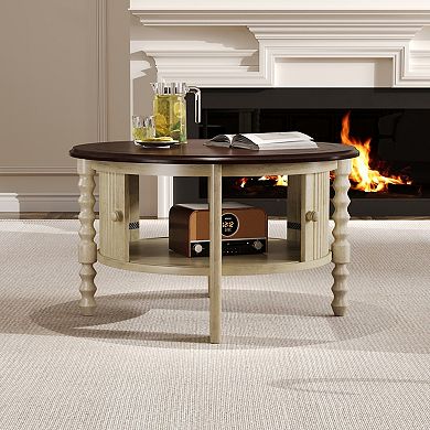 GOODSILO Vintage Round Coffee Table with Sliding Door Storage for Living Room