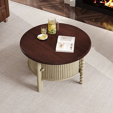 GOODSILO Vintage Round Coffee Table with Sliding Door Storage for Living Room