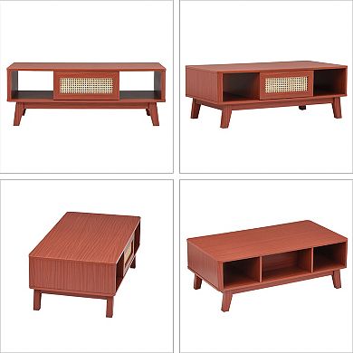 GOODSILO Mid-Century Modern Square Coffee Table with Rattan Storage Drawer and Solid Wood Legs