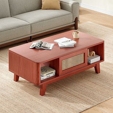 GOODSILO Mid-Century Modern Square Coffee Table with Rattan Storage Drawer and Solid Wood Legs