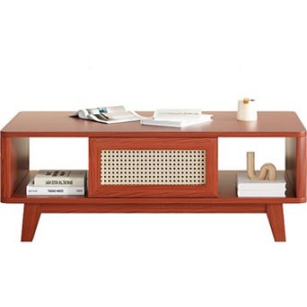 GOODSILO Mid-Century Modern Square Coffee Table with Rattan Storage Drawer and Solid Wood Legs