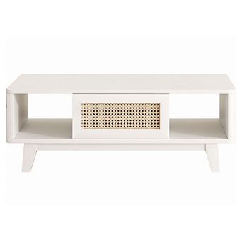 GOODSILO Mid-Century Modern Square Coffee Table with Rattan Storage Drawer and Solid Wood Legs