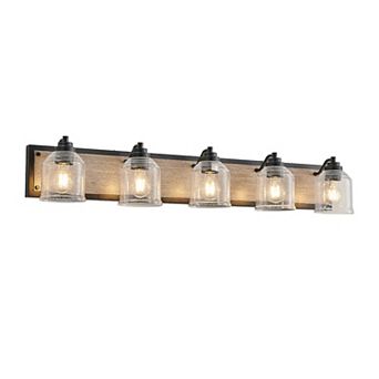 ELEMENT ACE Five-Light Farmhouse Vanity Wall Sconce with Seeded Glass Shades and Wood Accent