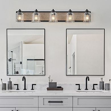 ELEMENT ACE Five-Light Farmhouse Vanity Wall Sconce with Seeded Glass Shades and Wood Accent
