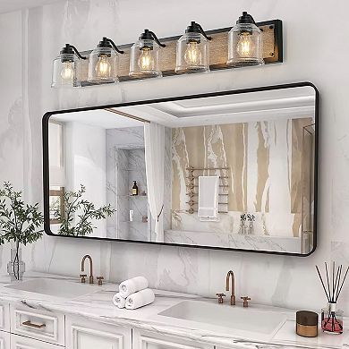 ELEMENT ACE Five-Light Farmhouse Vanity Wall Sconce with Seeded Glass Shades and Wood Accent