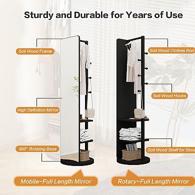 ELEMENT ACE 360° Rotating Full-Length Mirror with Storage Hooks & Coat Rack - Space Saving Design