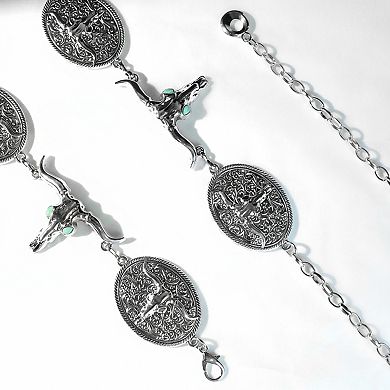 Women's Western Bull Head Concho Chain Belt with Oval Accents and Adjustable Fit 45.5in