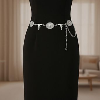 Women's Western Bull Head Concho Chain Belt with Oval Accents and Adjustable Fit 45.5in