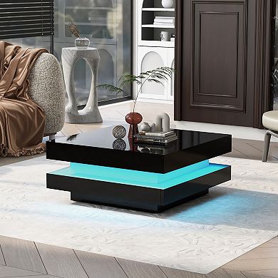 GOODSILO Modern High-Gloss LED Square Coffee Table with Two-Tier Storage and Built-in Lighting