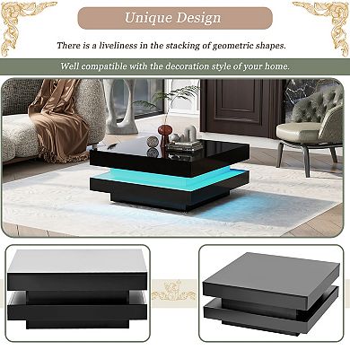 GOODSILO Modern High-Gloss LED Square Coffee Table with Two-Tier Storage and Built-in Lighting