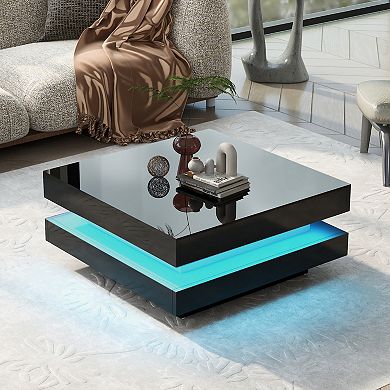 GOODSILO Modern High-Gloss LED Square Coffee Table with Two-Tier Storage and Built-in Lighting