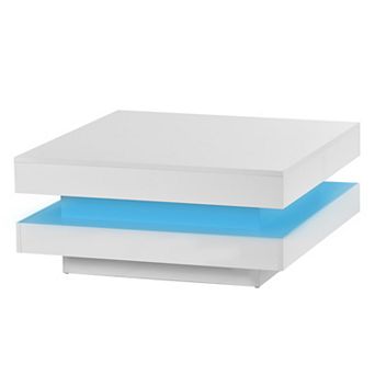 GOODSILO Modern High-Gloss LED Square Coffee Table with Two-Tier Storage and Built-in Lighting