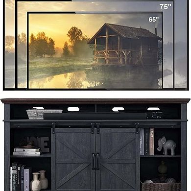 Farmhouse TV Stand for 80" TVs, 37" Tall Media Console with Sliding Barn Door, Storage Cabinets