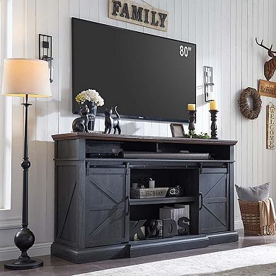 Farmhouse TV Stand for 80" TVs, 37" Tall Media Console with Sliding Barn Door, Storage Cabinets