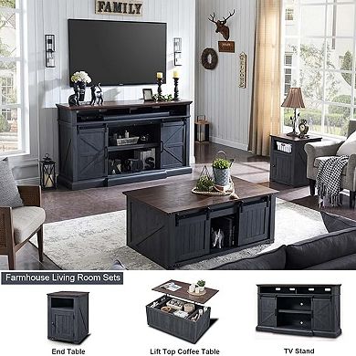 Farmhouse TV Stand for 80" TVs, 37" Tall Media Console with Sliding Barn Door, Storage Cabinets