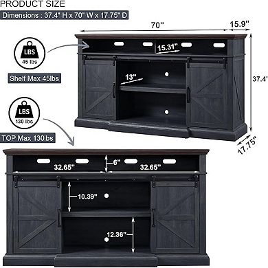 Farmhouse TV Stand for 80" TVs, 37" Tall Media Console with Sliding Barn Door, Storage Cabinets