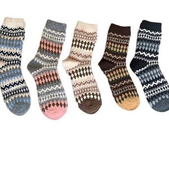 Women's 5-Pair Fair Isle Knit Crew Socks Soft Cozy Stretch Winter Patterned Socks for Everyday Wear