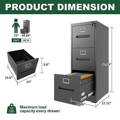 GOODSILO Three-Drawer Locking Vertical File Cabinet for Legal and Letter Size Documents