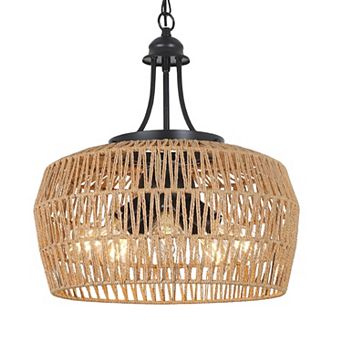 ELEMENT ACE 5-Light Rattan Pendant Chandelier, Large Farmhouse Wicker Lampshade for Dining Room