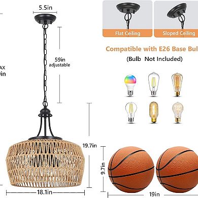 ELEMENT ACE 5-Light Rattan Pendant Chandelier, Large Farmhouse Wicker Lampshade for Dining Room