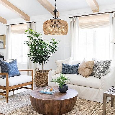ELEMENT ACE 5-Light Rattan Pendant Chandelier, Large Farmhouse Wicker Lampshade for Dining Room