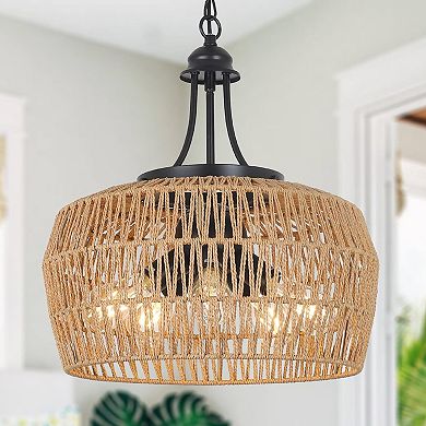 ELEMENT ACE 5-Light Rattan Pendant Chandelier, Large Farmhouse Wicker Lampshade for Dining Room