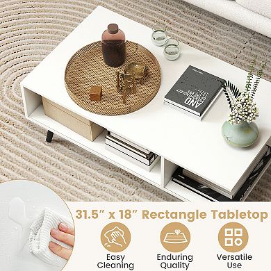 Mid Century Modern Rectangle Coffee Table 2-Tier Accent Table with 2 Open Compartments
