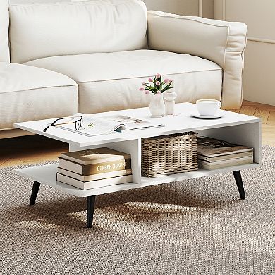 Mid Century Modern Rectangle Coffee Table 2-Tier Accent Table with 2 Open Compartments